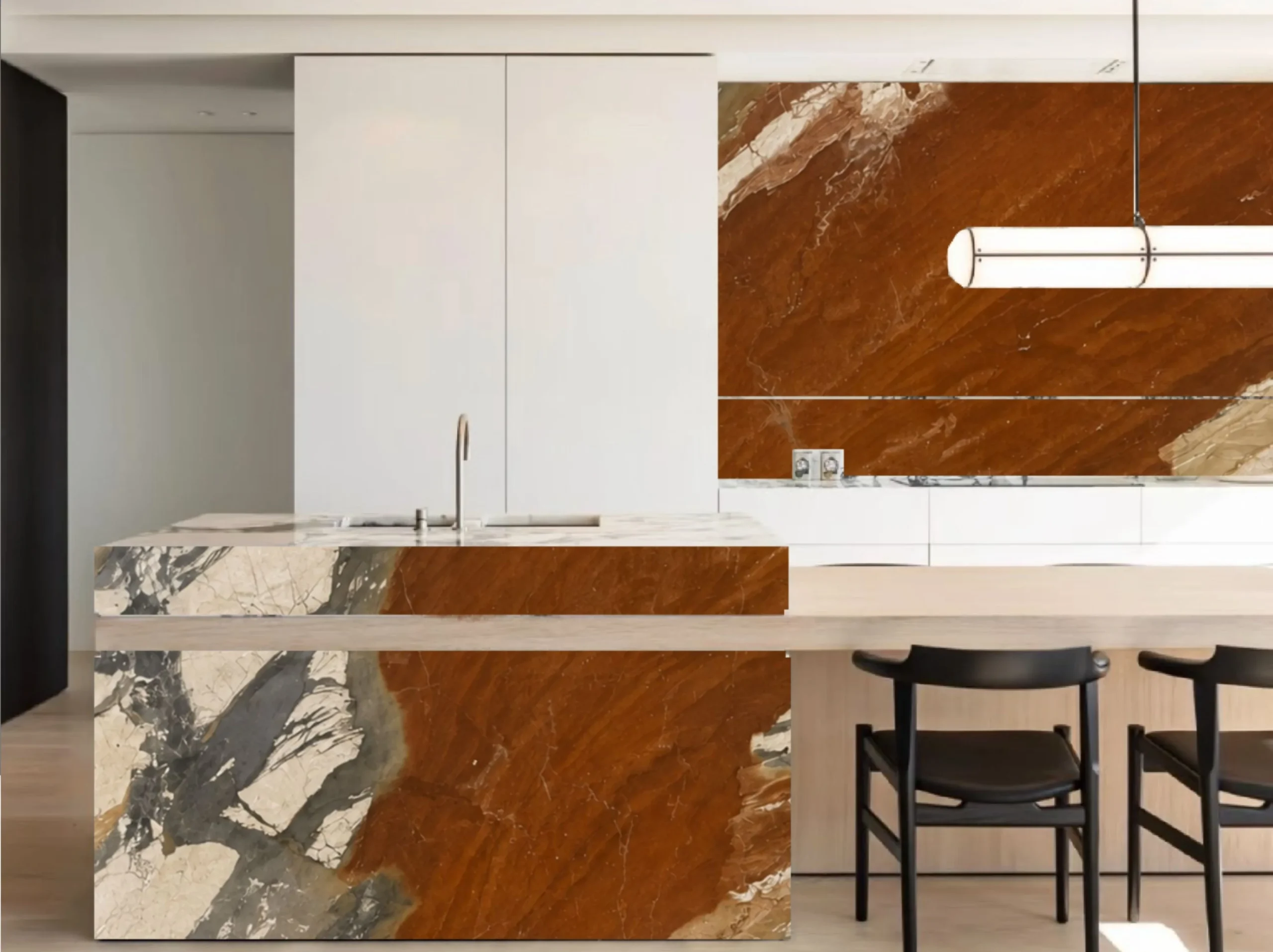 breche-fantastique-marble-kitchen-island-backsplash.webp Breche Fantastique Marble kitchen island and backsplash with rust-red patterns