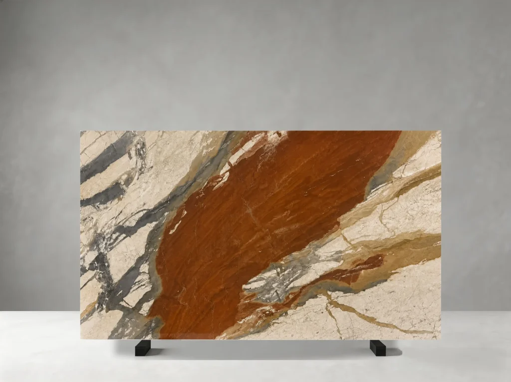 Breche Fantastique Marble full slab with prominent rust-red mineral movement