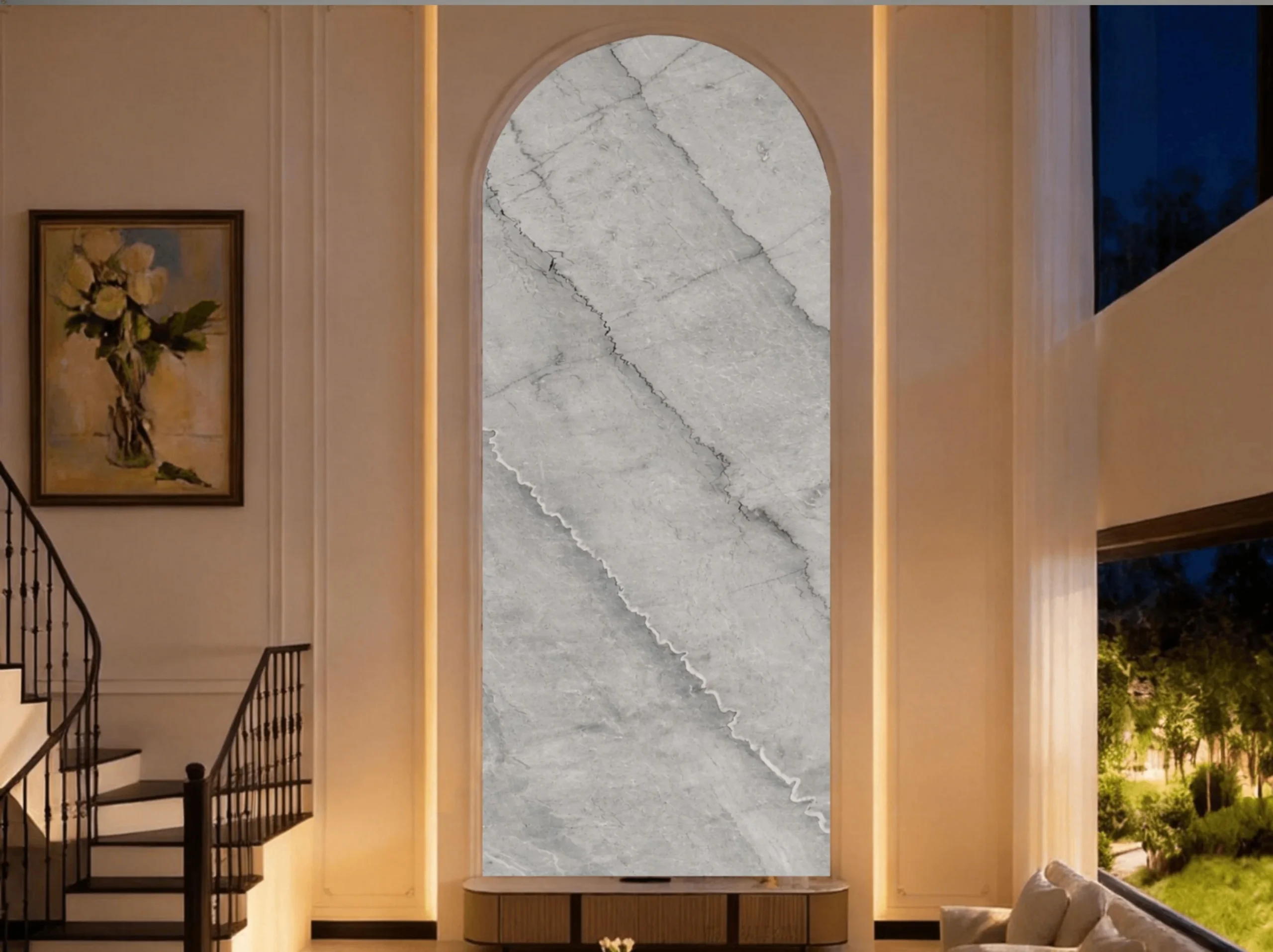bruce-gray-marble-arched-feature-wall-03.webp bruce gray marble arched feature wall with vertical light grey natural stone panel