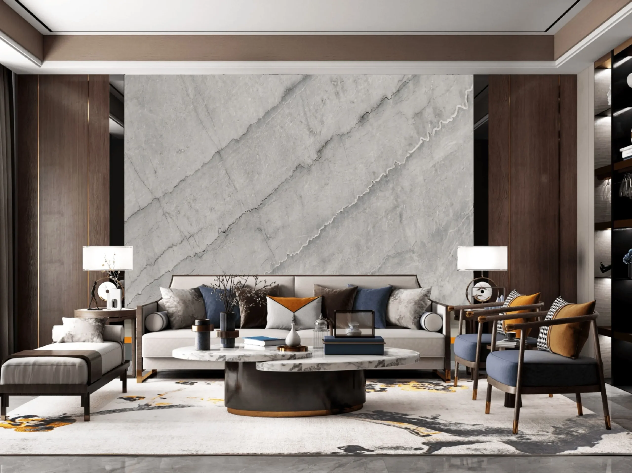 bruce-gray-marble-living-room-feature-wall-01.webp bruce gray marble living room feature wall with light grey diagonal veining