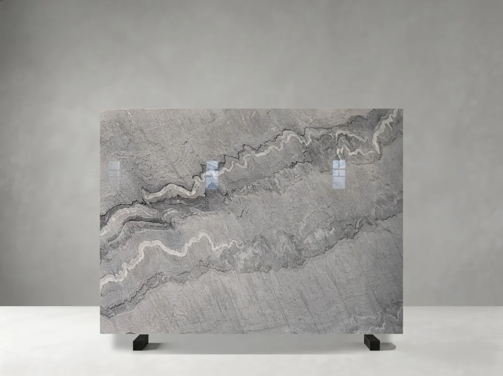 bruce gray marble slab with wavy grey and white natural veining