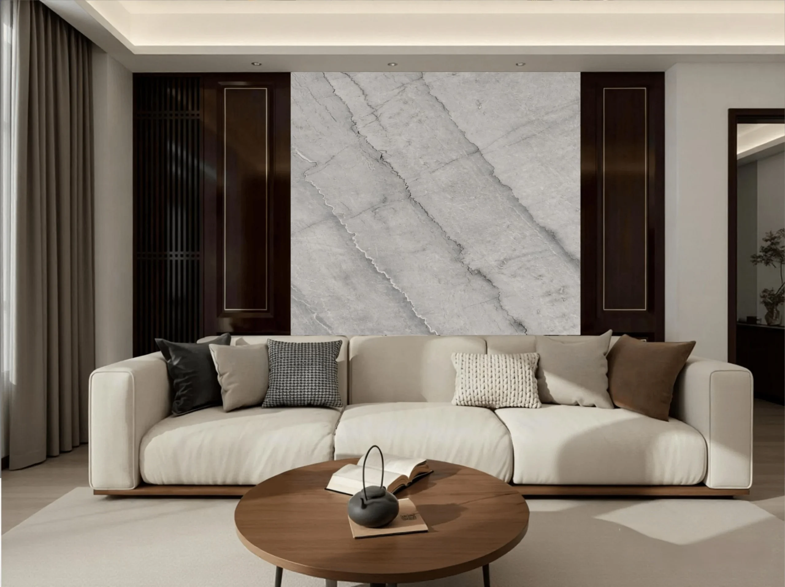 bruce-gray-marble-sofa-backdrop-wall-panel-02.webp bruce gray marble living room feature wall with light grey diagonal veining