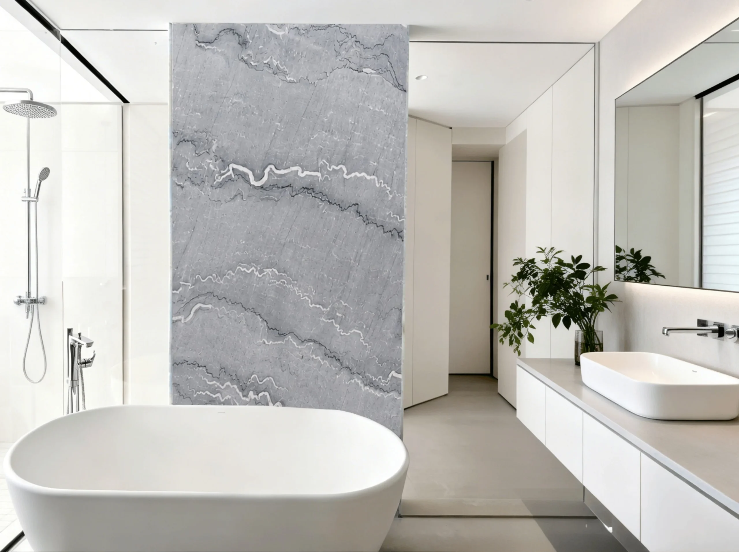 bruce-grey-marble-bathroom-wall-panel-02.webp bruce grey marble bathroom wall panel with light grey layered movement and white wavy veins