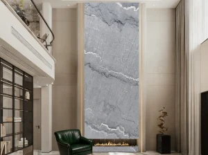 bruce grey marble double height feature wall with silver grey and white wavy veining