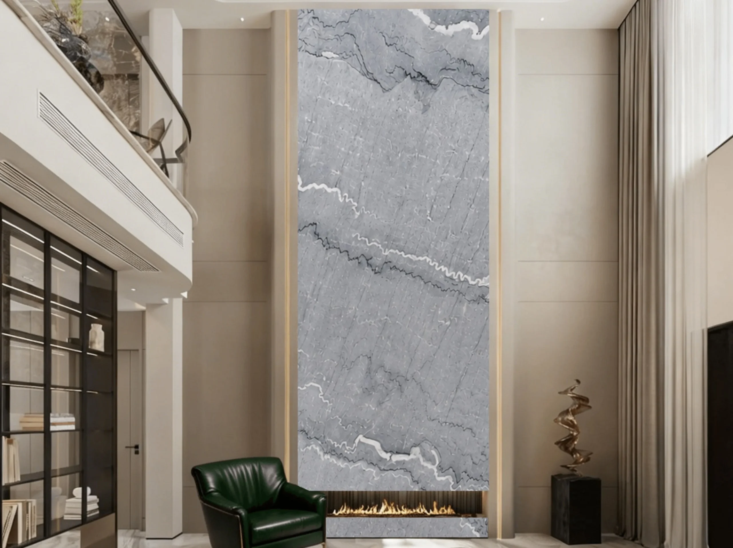 bruce-grey-marble-double-height-feature-wall-01.webp bruce grey marble double height feature wall with silver grey and white wavy veining
