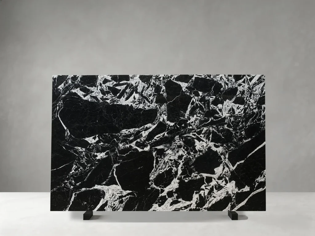 bvlgari black marble slab with deep black base and bold white veins for walls and counters