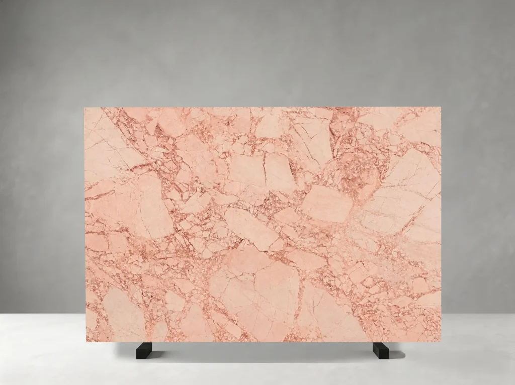 Bvlgari Pink Marble full slab with large pink mineral fragments and fine dark rose brecciated veins