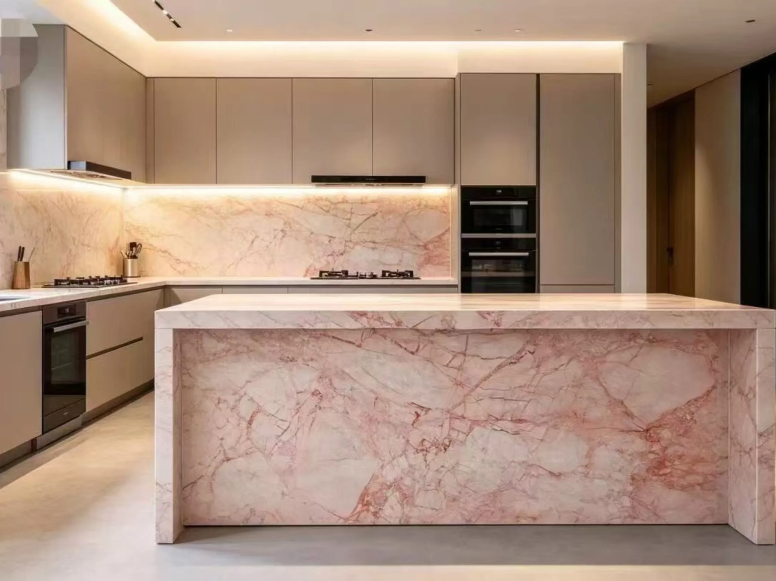 bvlgari-pink-marble-kitchen-island-backsplash.webp Bvlgari Pink Marble kitchen island with waterfall sides and matching full-height backsplash