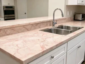 Bvlgari Pink Marble kitchen sink countertop and backsplash with white cabinetry