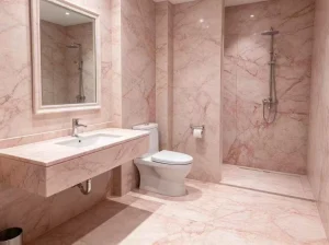 Bvlgari Pink Marble luxury bathroom with coordinated wall panels, flooring, shower area and vanity