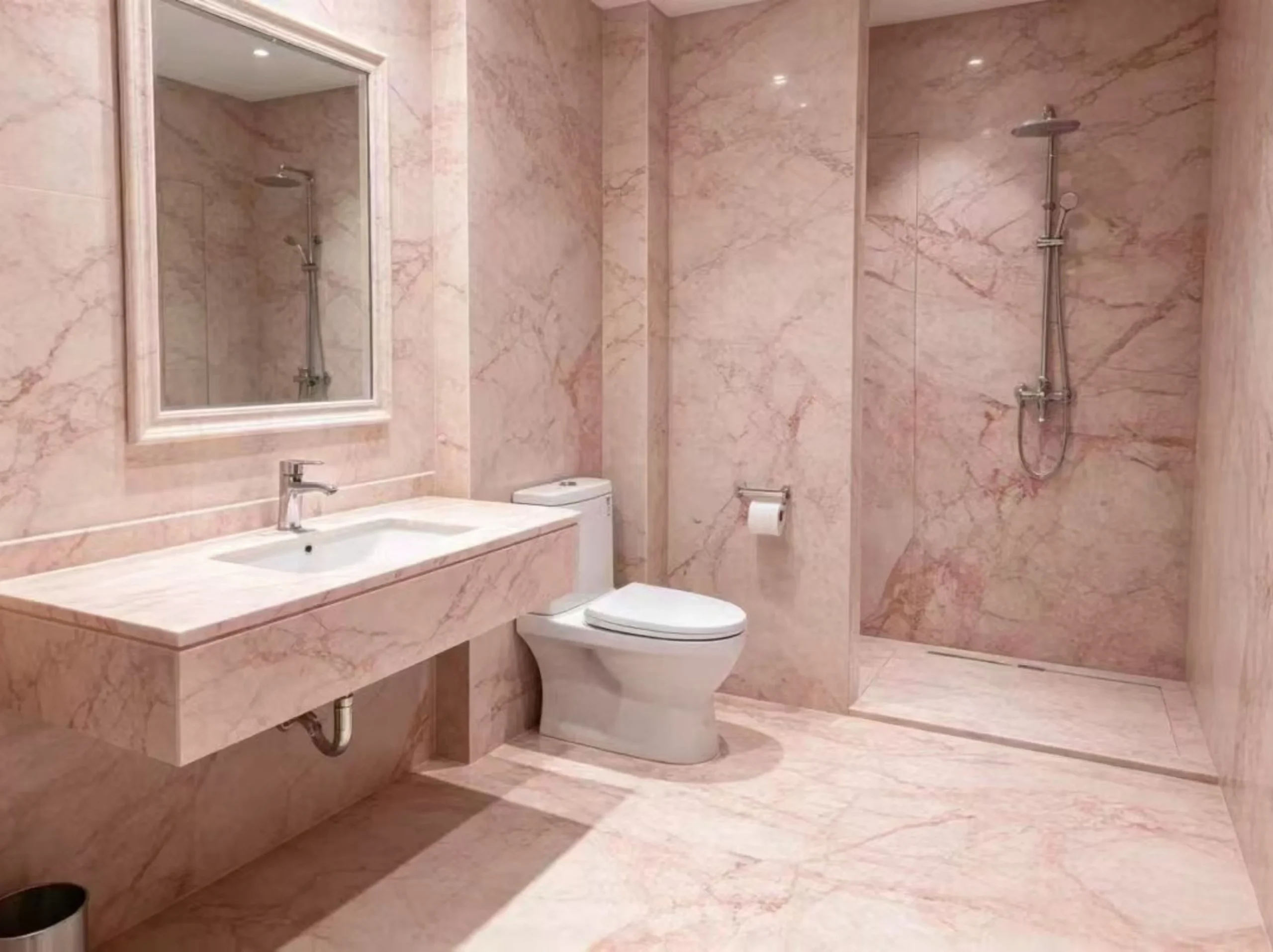 bvlgari-pink-marble-luxury-bathroom.webp Bvlgari Pink Marble luxury bathroom with coordinated wall panels, flooring, shower area and vanity