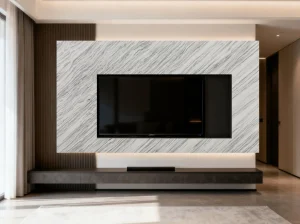 Calacatta Armani Marble floating TV feature wall in a modern living room