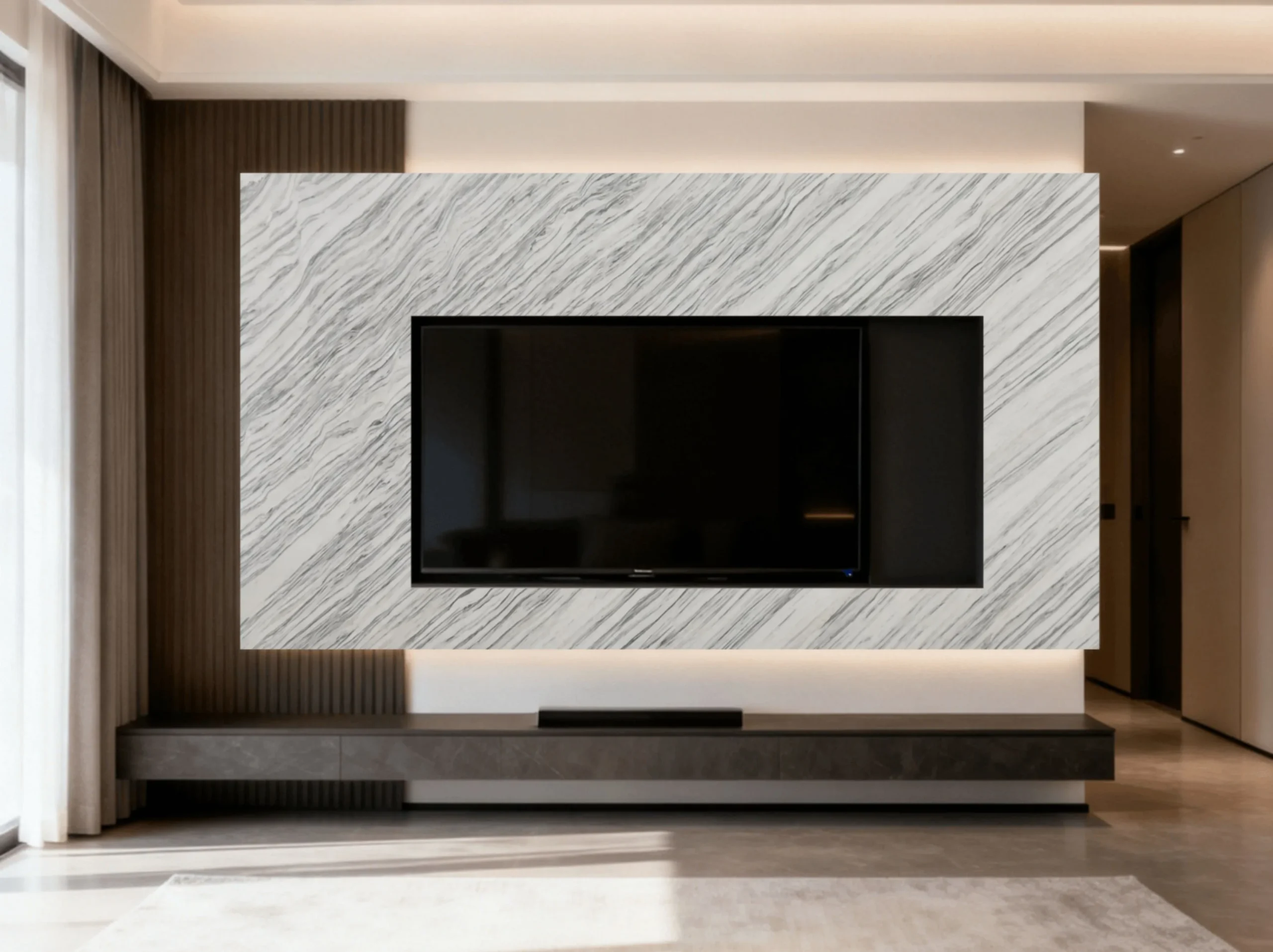calacatta-armani-marble-floating-tv-feature-wall.webp Calacatta Armani Marble floating TV feature wall in a modern living room