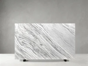 Polished Calacatta Armani Marble slab with flowing grey veining and broad white areas