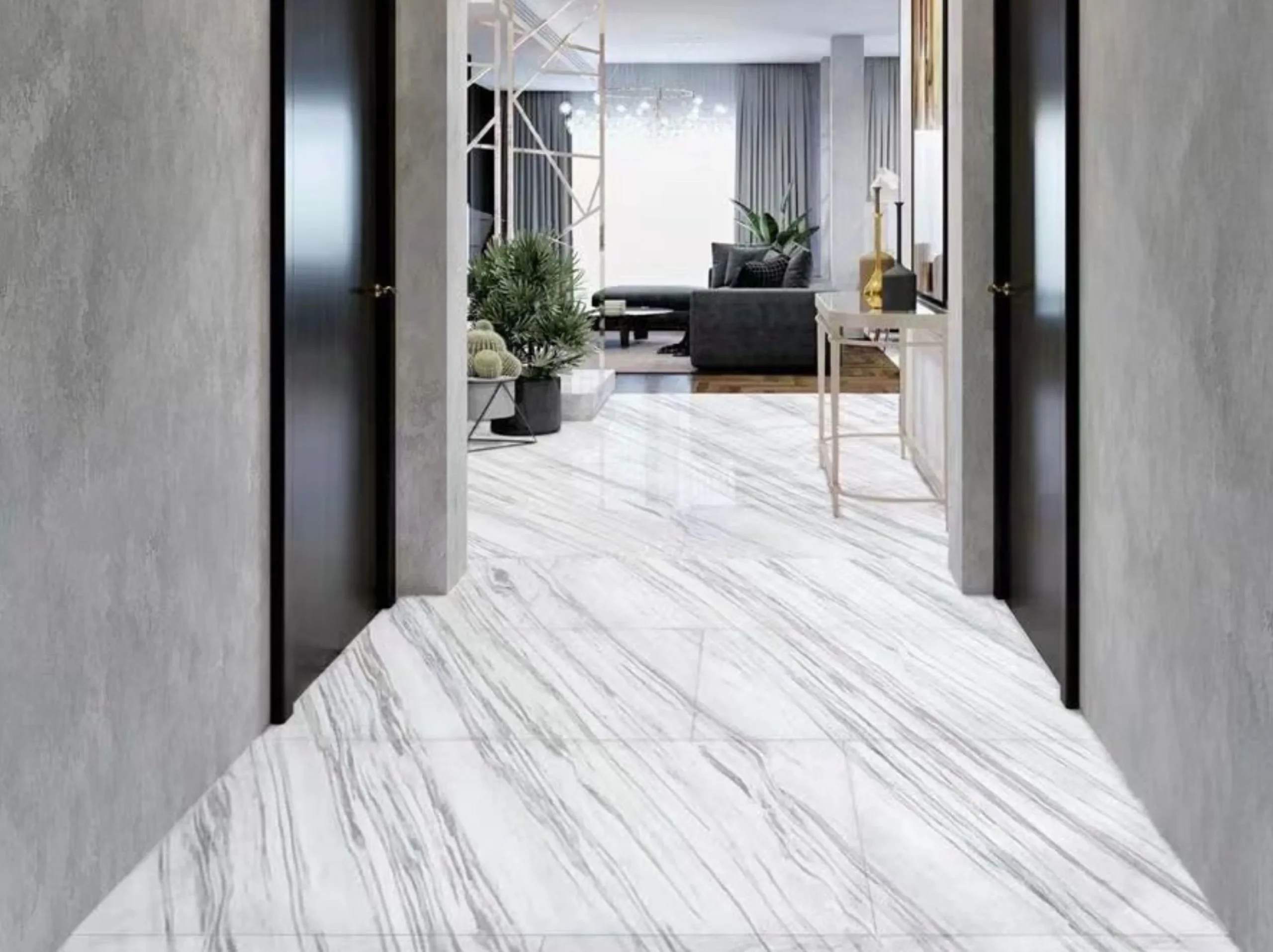 calacatta-armani-marble-residential-corridor-flooring.webp Calacatta Armani Marble flooring with directional grey veins in a modern residential corridor