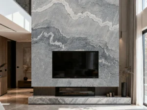 china bruce gray marble media wall with fireplace and layered grey wavy veining