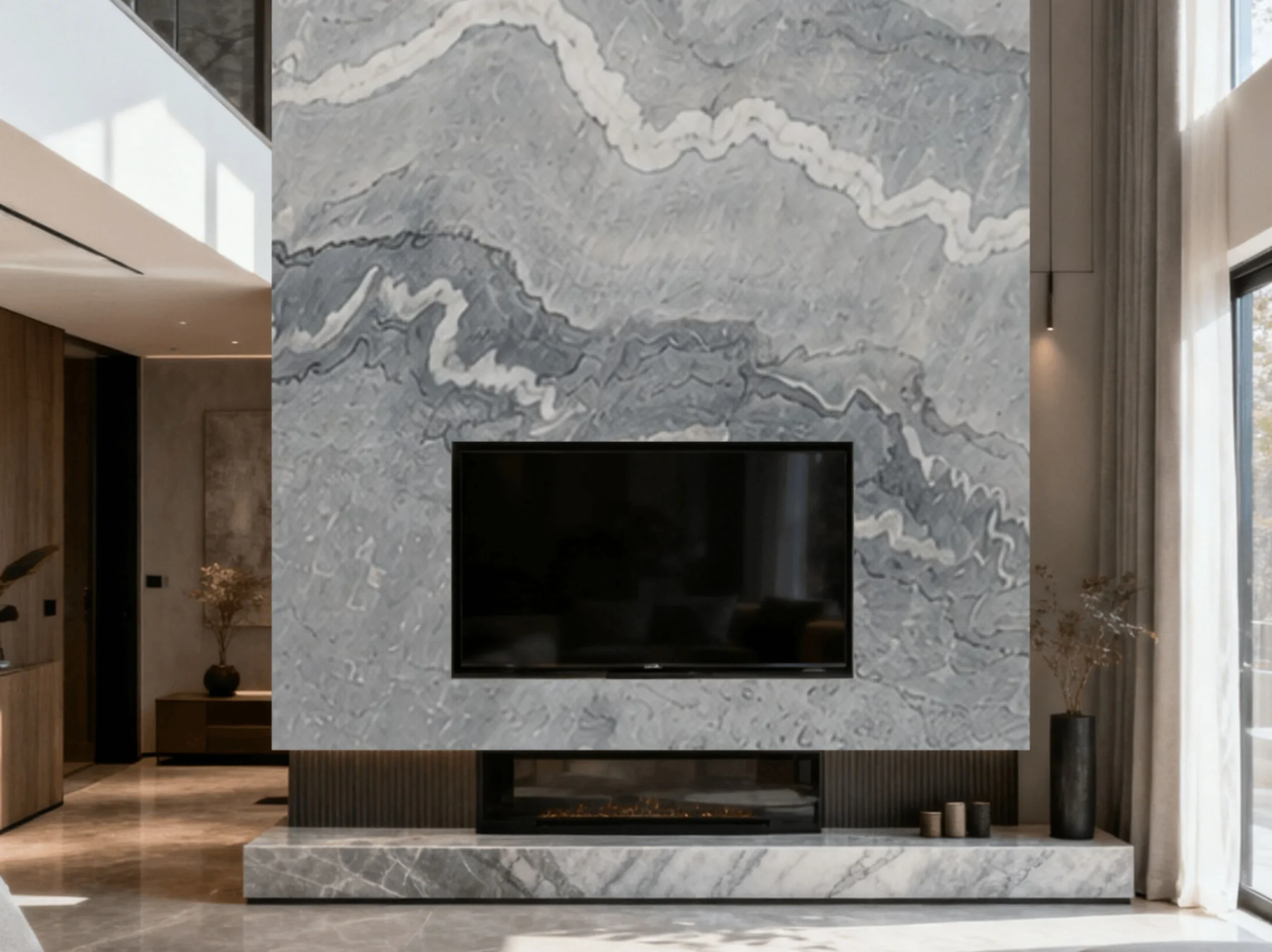 china-bruce-gray-marble-media-wall-fireplace-01.webp china bruce gray marble media wall with fireplace and layered grey wavy veining