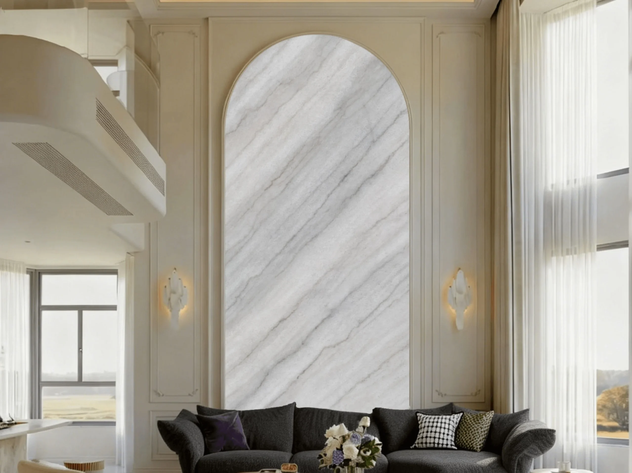 china-carrara-white-marble-arched-feature-wall.jpg China Carrara White Marble arched feature wall in a luxury living room