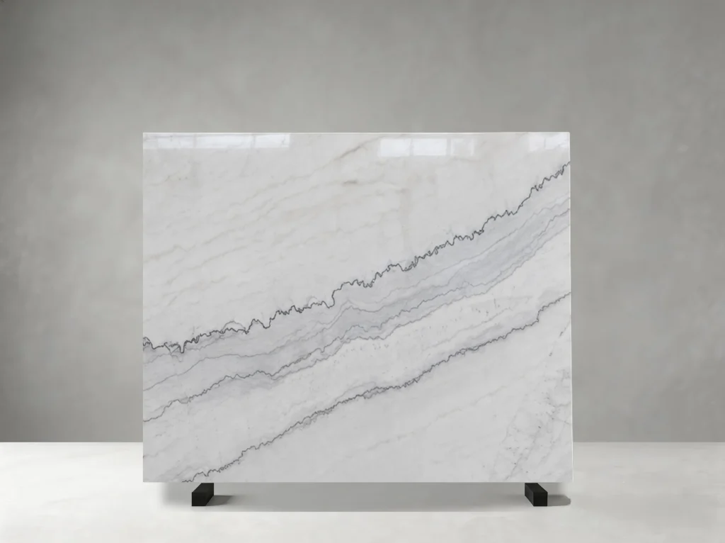 Polished China Carrara White Marble slab with diagonal grey veins
