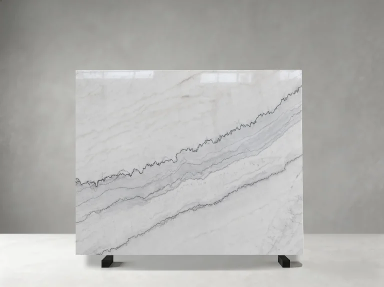 Polished China Carrara White Marble slab with diagonal grey veins