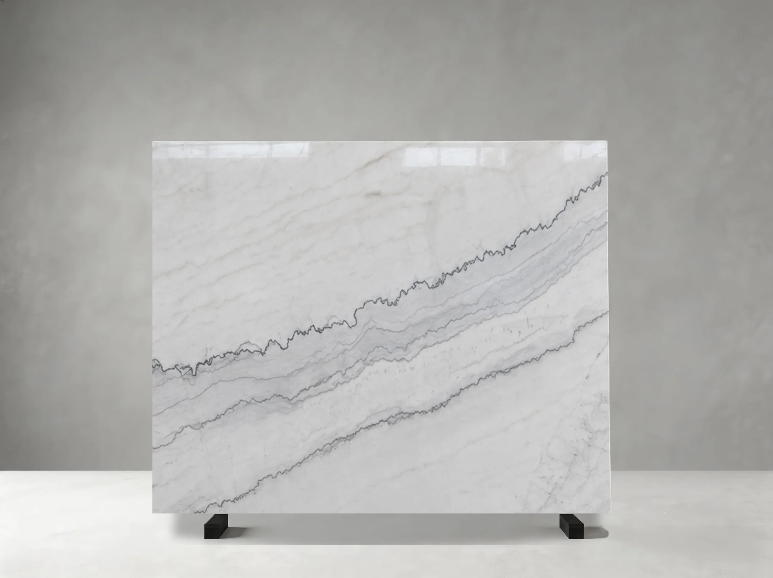 china-carrara-white-marble-polished-slab-01.jpg Polished China Carrara White Marble slab with diagonal grey veins