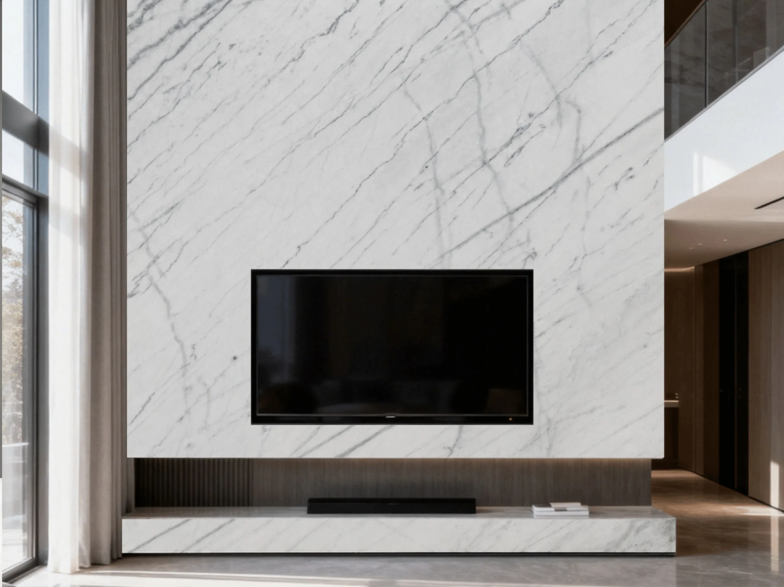 china-carrara-white-marble-tv-feature-wall.jpg China Carrara White Marble TV feature wall with fine grey veins