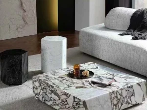 chinese bulgari marble custom coffee table with ivory grey brecciated fragments