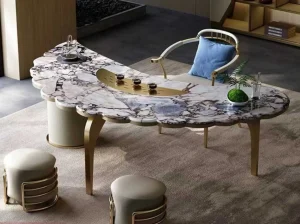 chinese bvlgari marble custom tea table with ivory grey and dark brecciated pattern