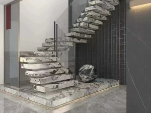 chinese bvlgari marble floating staircase with ivory grey brecciated stone pattern