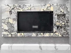 chinese bvlgari marble tv wall cladding with ivory grey and charcoal brecciated fragments