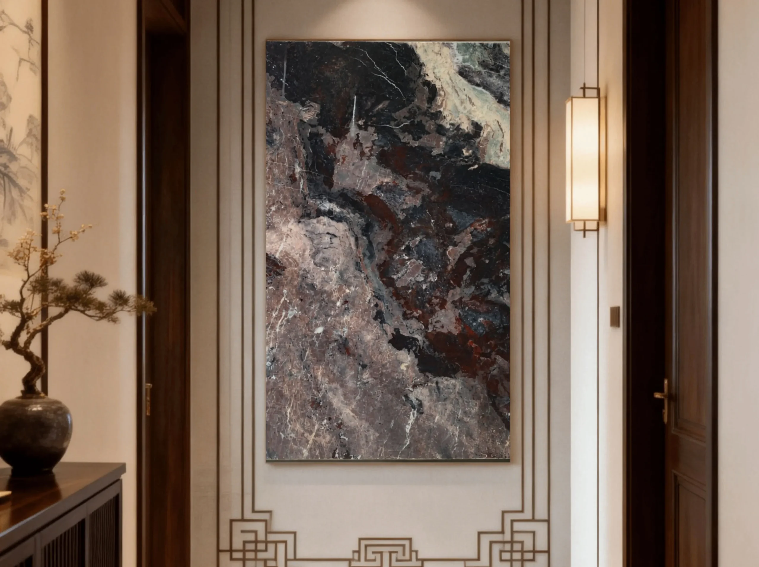 cloud-wave-marble-hallway-feature-wall-panel-01.webp cloud wave marble hallway feature wall panel with grey black and golden mineral movement