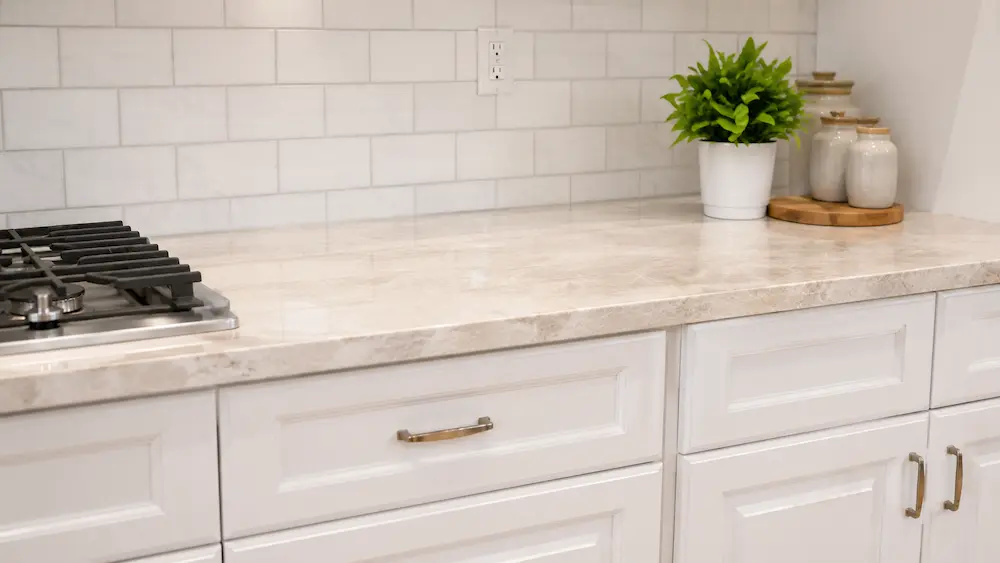 Taj Mahal Quartzite Surface Texture Detail Close-up detail of a cream Taj Mahal Quartzite countertop surface with soft natural veining
