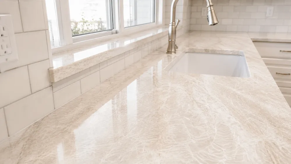 Taj Mahal Quartzite Countertop Cooktop Detail Cream Taj Mahal Quartzite kitchen countertop with integrated cooktop detail