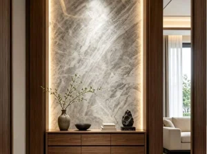 Delicatus Mint Quartzite feature wall with pale mint-grey tones and white crystalline veining