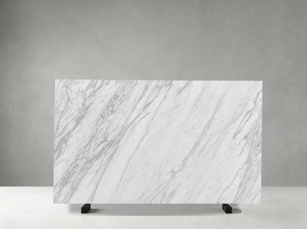 Full Dramas White Marble slab with luminous white background and grey veining