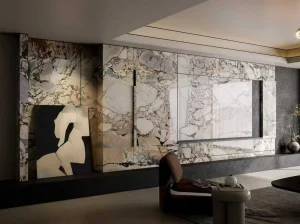 elephant white marble tv feature wall with brecciated ivory beige and grey natural stone pattern