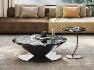french black marble coffee table with black base and ivory white breccia veining