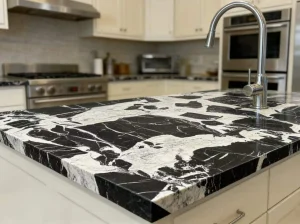 french black marble kitchen countertop with bold black and white breccia veins