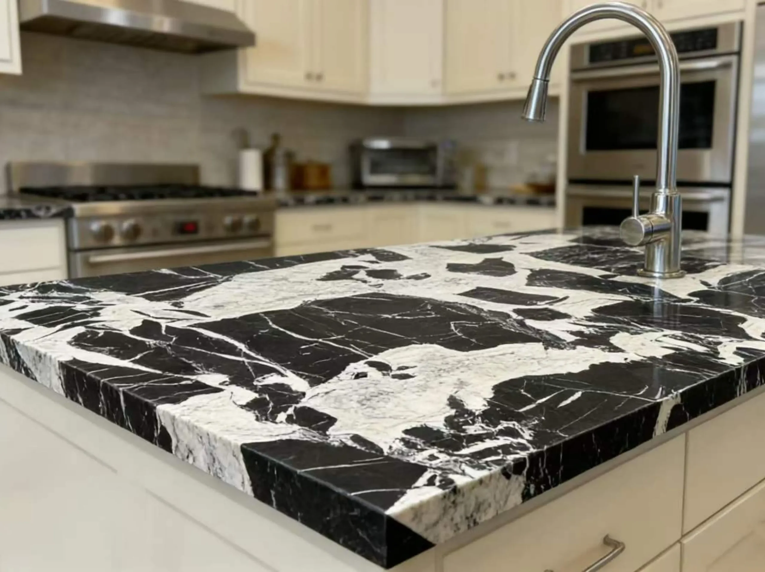 french-black-marble-kitchen-countertop-03.webp french black marble kitchen countertop with bold black and white breccia veins