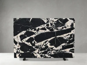 french black marble slab with black base and ivory white breccia texture