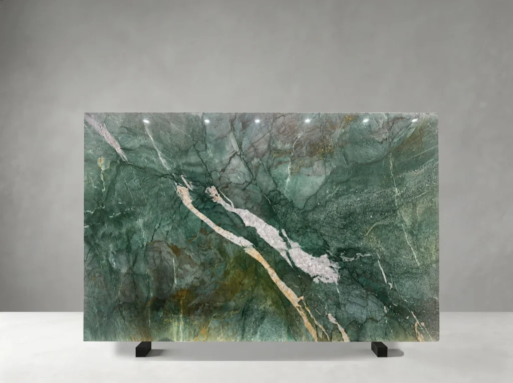 Dark green Fuchsite Crystal Quartzite slab with white crystal veins and golden-brown mineral patterns