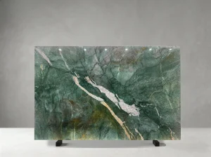 Dark green Fuchsite Crystal Quartzite slab with white crystal veins and golden-brown mineral patterns
