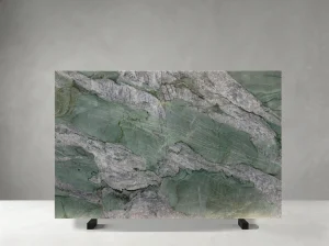 Light green Fuchsite Crystal Quartzite slab with silver-white crystalline bands and natural veining