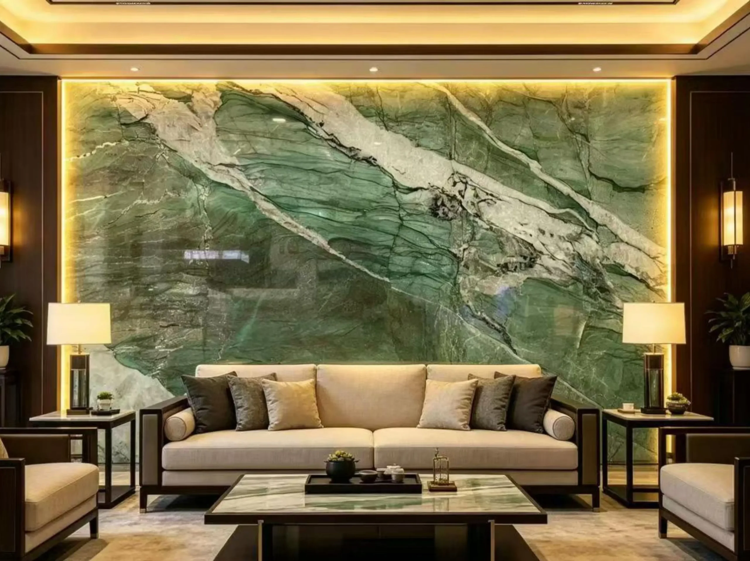 fuchsite-crystal-quartzite-living-room-feature-wall.webp Fuchsite Crystal Quartzite feature wall in a luxury living room with warm integrated lighting