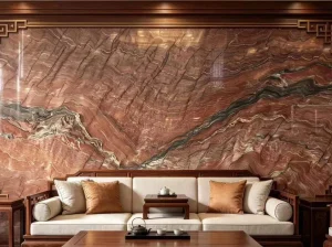 Fusion Fire Quartzite living room feature wall with red flowing veins