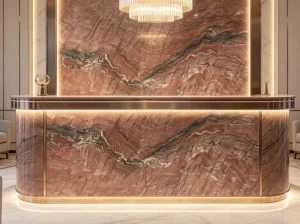 Fusion Fire Quartzite reception counter with dramatic red and charcoal veining