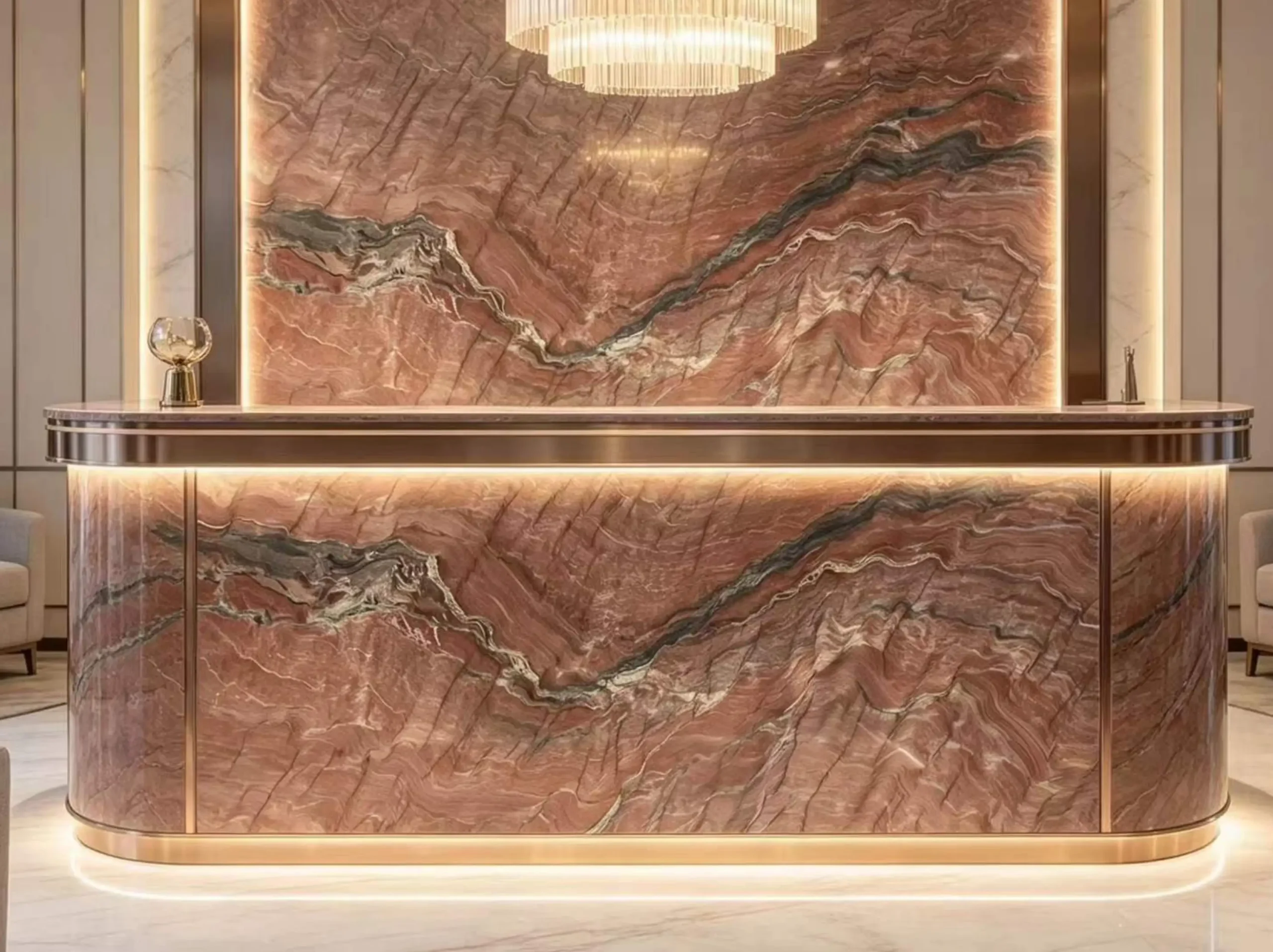 fusion-fire-quartzite-reception-counter.webp Fusion Fire Quartzite reception counter with dramatic red and charcoal veining