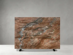 Fusion Fire Quartzite slab with swirling red brown and silver grey veins