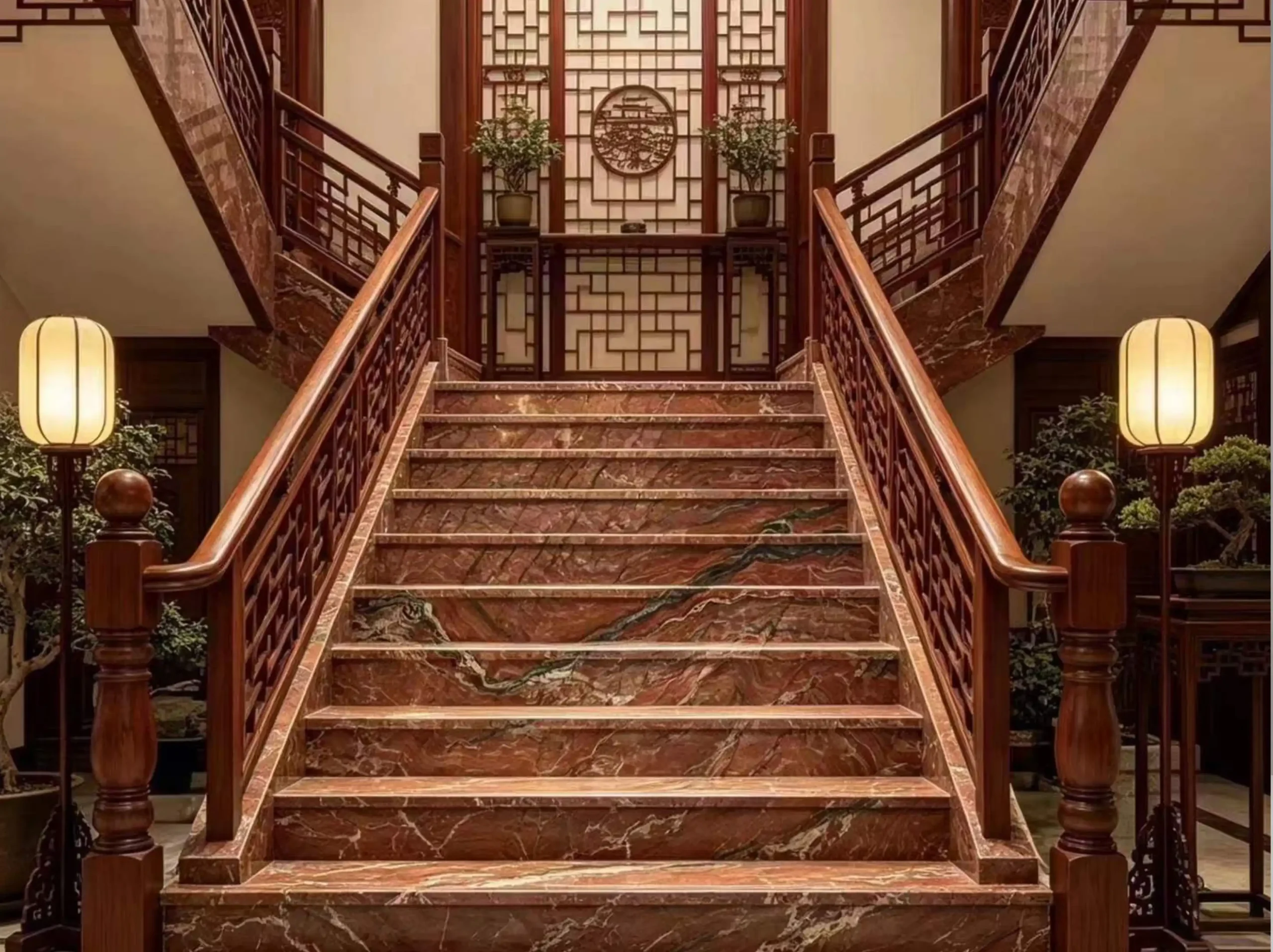 fusion-fire-quartzite-staircase.webp Fusion Fire Quartzite staircase with rich red and dark natural veins