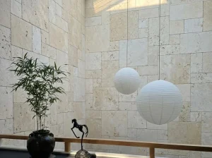 german beige limestone wall cladding with mixed size cream beige tiles